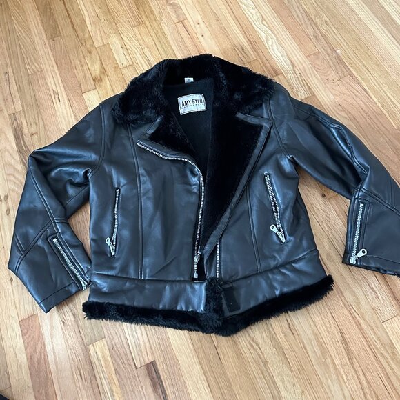 Black Aviator Leather Fur Trim Coat - Picture 2 of 7